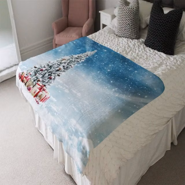 Benjamin Tate Design LTD Fluffy Snowed In Christmas Tree Soft Blue Blanket for Adults