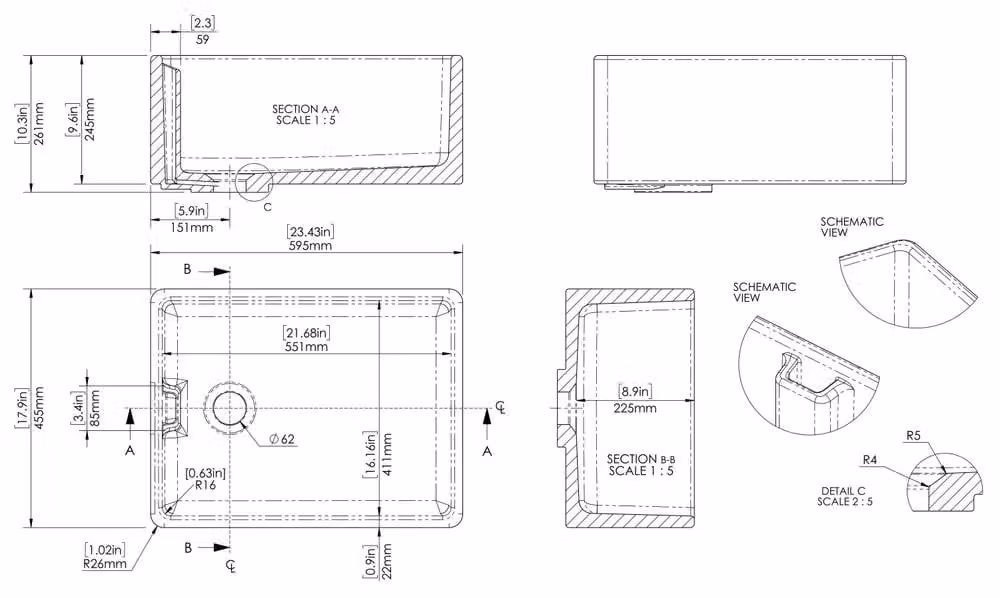 Balterley White Ceramic 1 Bowl Belfast Kitchen Sink with Overflow and 1.5W Waste, W: 59.5 cm, D: 59.5 cm, H: 26.1 cm