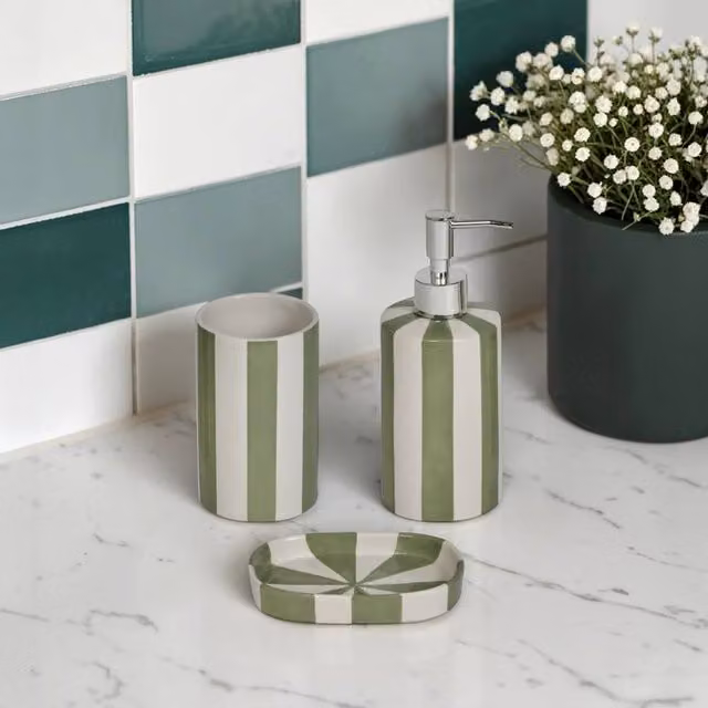 Showerdrape 3 Piece Ceramic Bathroom Accessory Set in Green and White Stripes, including Soap Dispenser, Soap Dish and Tumbler