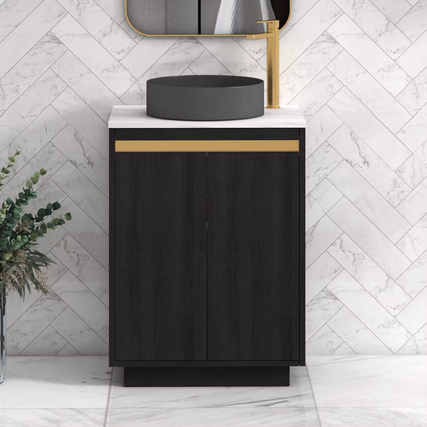 Royal Bathrooms Orion 800mm Hale Black Floor Standing 2 Door Vanity Unit with Carrara White Countertop and Art Round Basin with Brushed Brass Accent Trim
