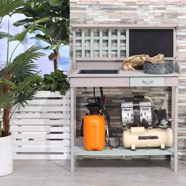 HOMCOM Outdoor Potting Table Bench Workstation with Wood Planting Shelves in Grey