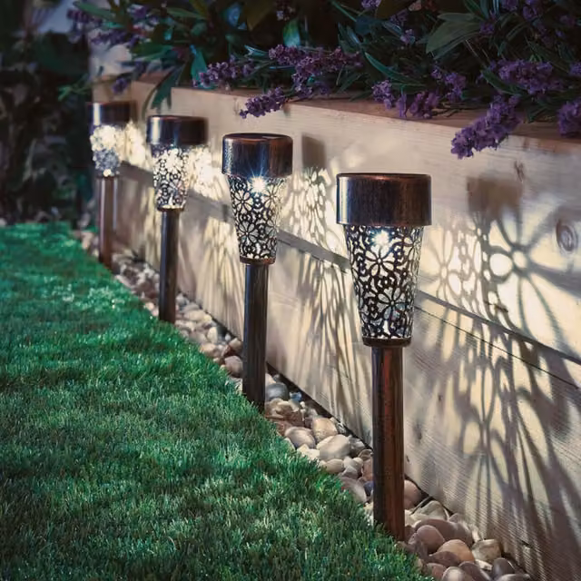 Garden Mile Set of 6 Damasque Moroccan Solar Stake Lights in Bronze with Dusk Sensor and Warm White Light