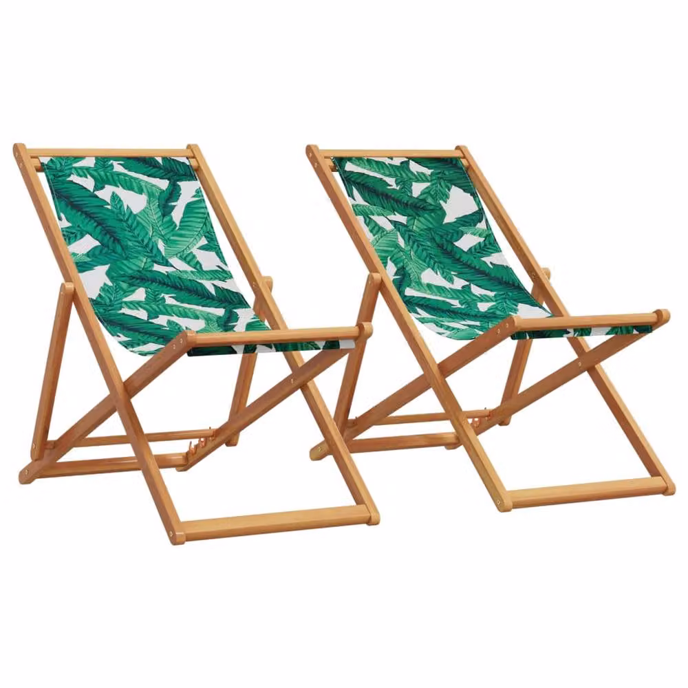 Berkfield Home Set of 2 Folding Beach Chairs with Green Floral Fabric and Solid Wood Frames – 2