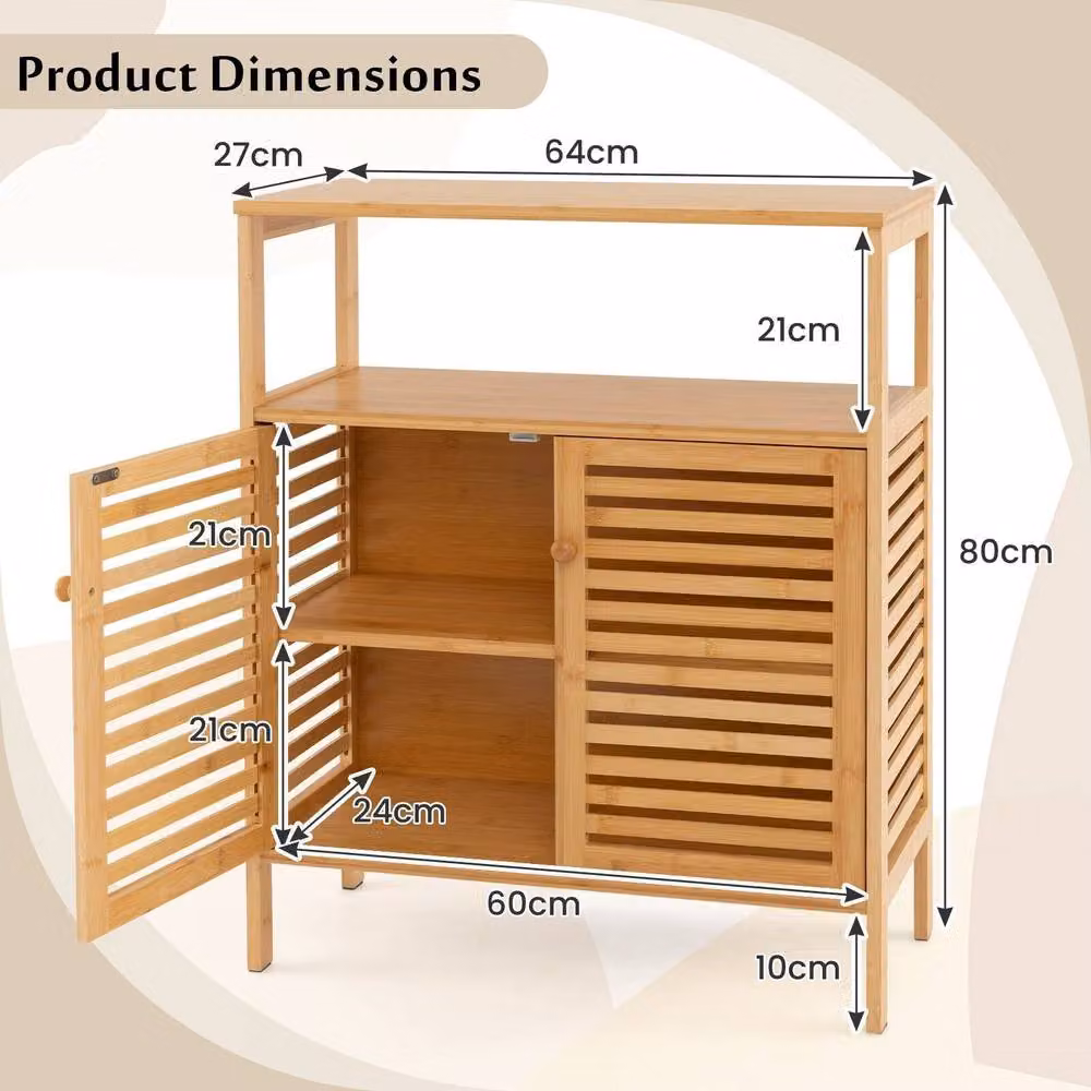 CASART Freestanding Bamboo Bathroom Storage Cabinet with Hinged Doors and Internal Shelves in Brown – 2
