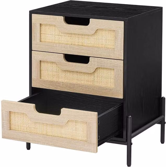 Havendro Rattan Bedside Table with 3 Drawers and Metal Legs in Black and Multicolour, W: 39.88 cm, D: 39.88 cm, H: 64 cm