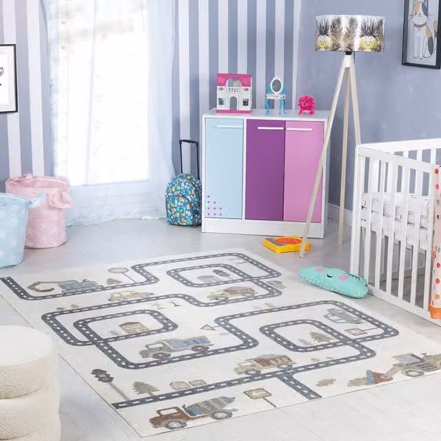 Livabliss Lilian Washable Kids Rug in Beige, Grey, Orange and Blue, W: 160 cm, D: 215 cm