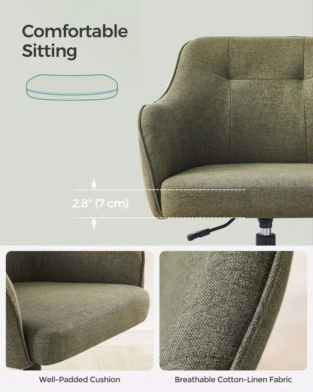 SONGMICS Modern Upholstered Swivel Task Chair with Armrests in Green – 4