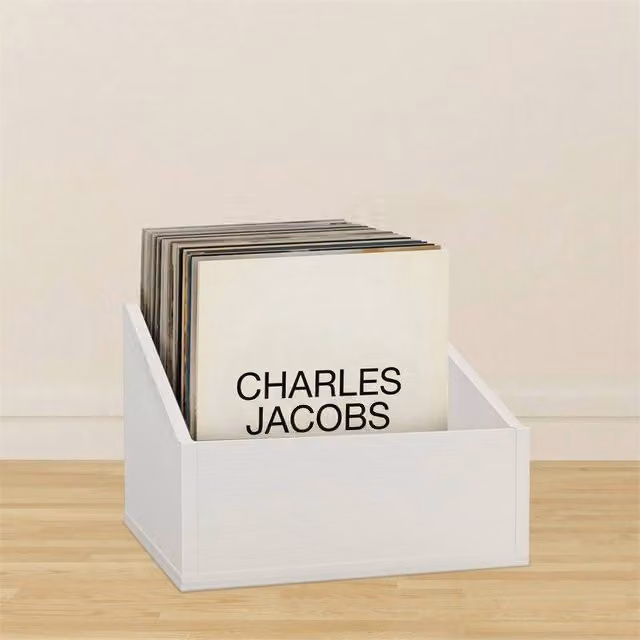 Charles Jacobs White Modern Vinyl Record Storage Box for 12 inch LPs, W/D/H: 36.5 x 34.0 x 26.5 cm