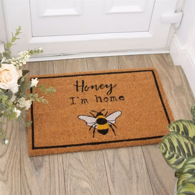 KDMK Natural Coir Honey Bee Doormat with I Am Home Graphic, Brown