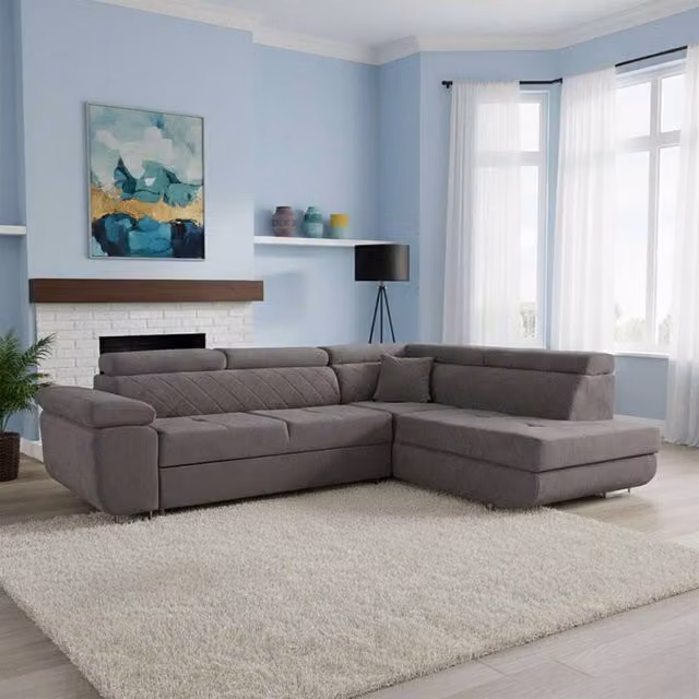 MN Furniture Modern Grey Plush Velvet 3 Seater L-Shape Corner Sofa Bed with Integrated Storage and Adjustable Headrests