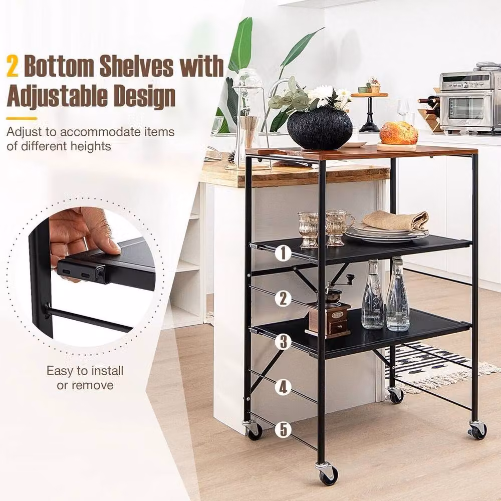 VOGREX 3-Tier Foldable Rolling Storage Trolley in Black with Adjustable Shelves – 3