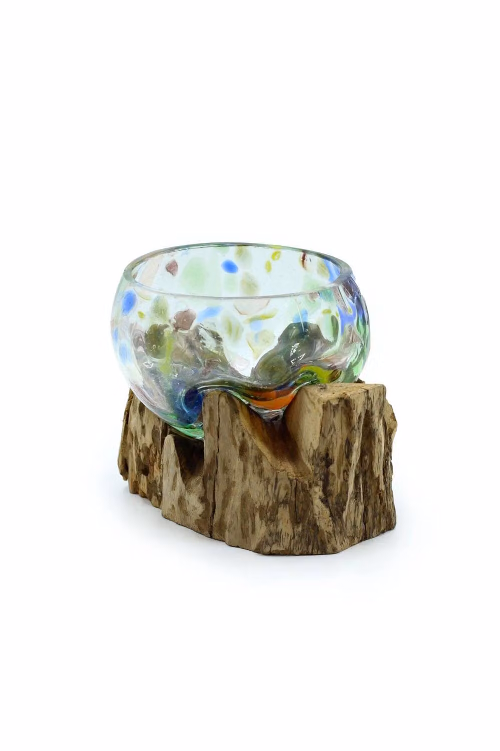 KDMD Small Round Decorative Molten Multicolour Glass and Wood Bowl with Rustic Abstract Design – 2