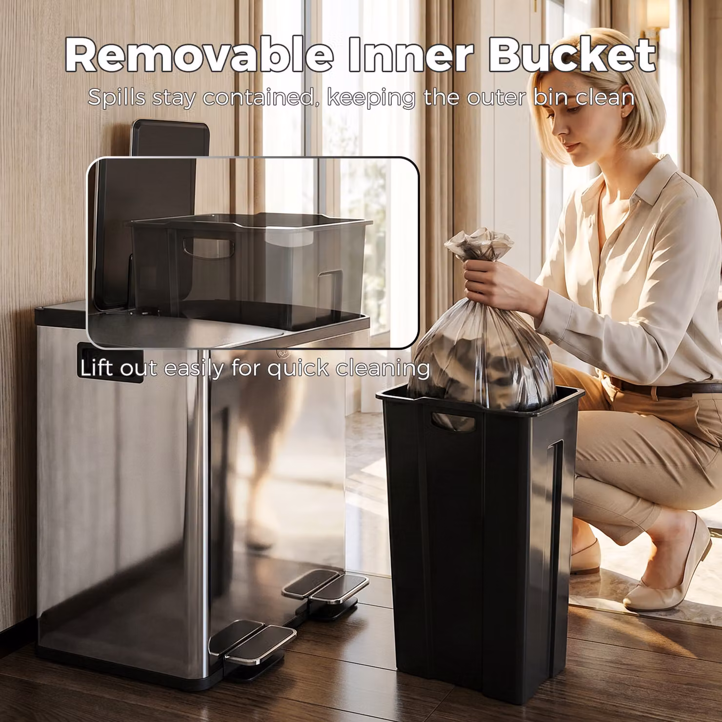 HOMCOM Silver Dual Kitchen Pedal Bin, 2 x 20L Stainless Steel Bins with Soft Close Lids and Removable Inner Buckets – 7