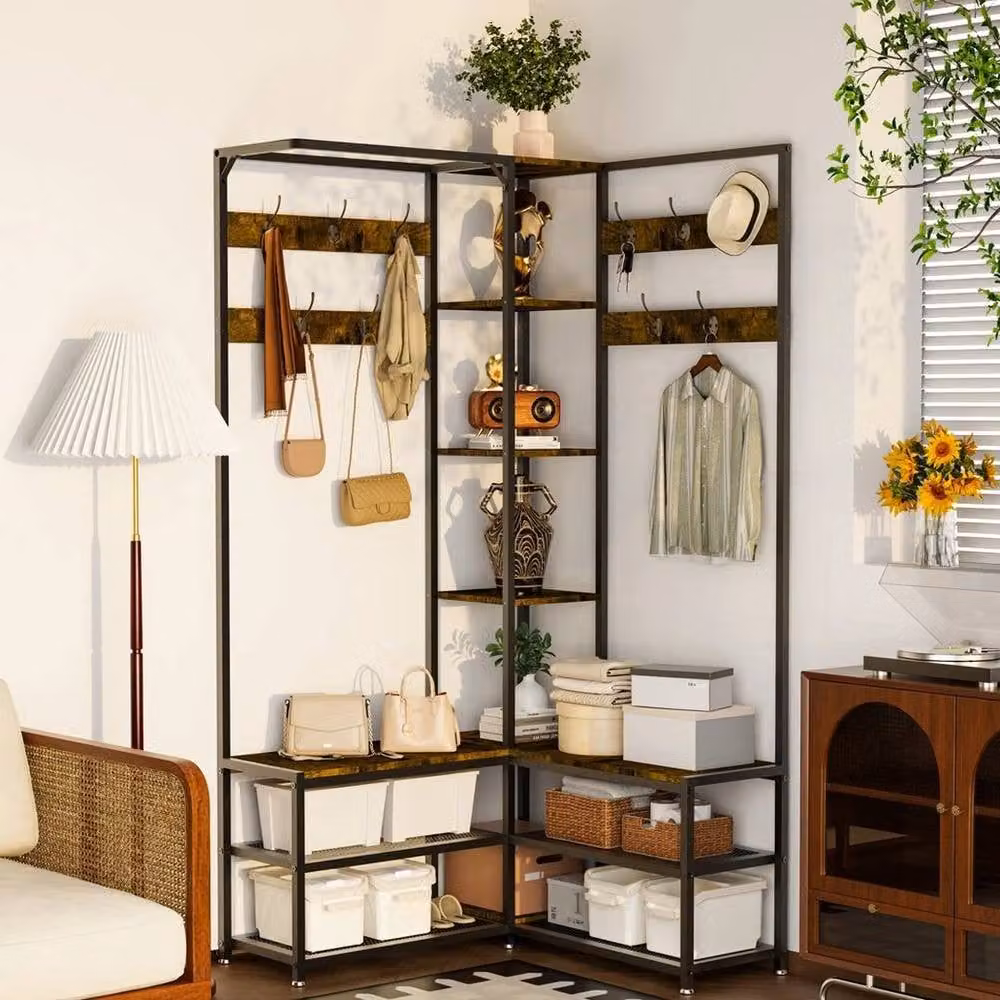 KORVIXA 3 in 1 Corner Hall Tree Coat Rack Stand with Bench and Entryway Storage, Brown – 3