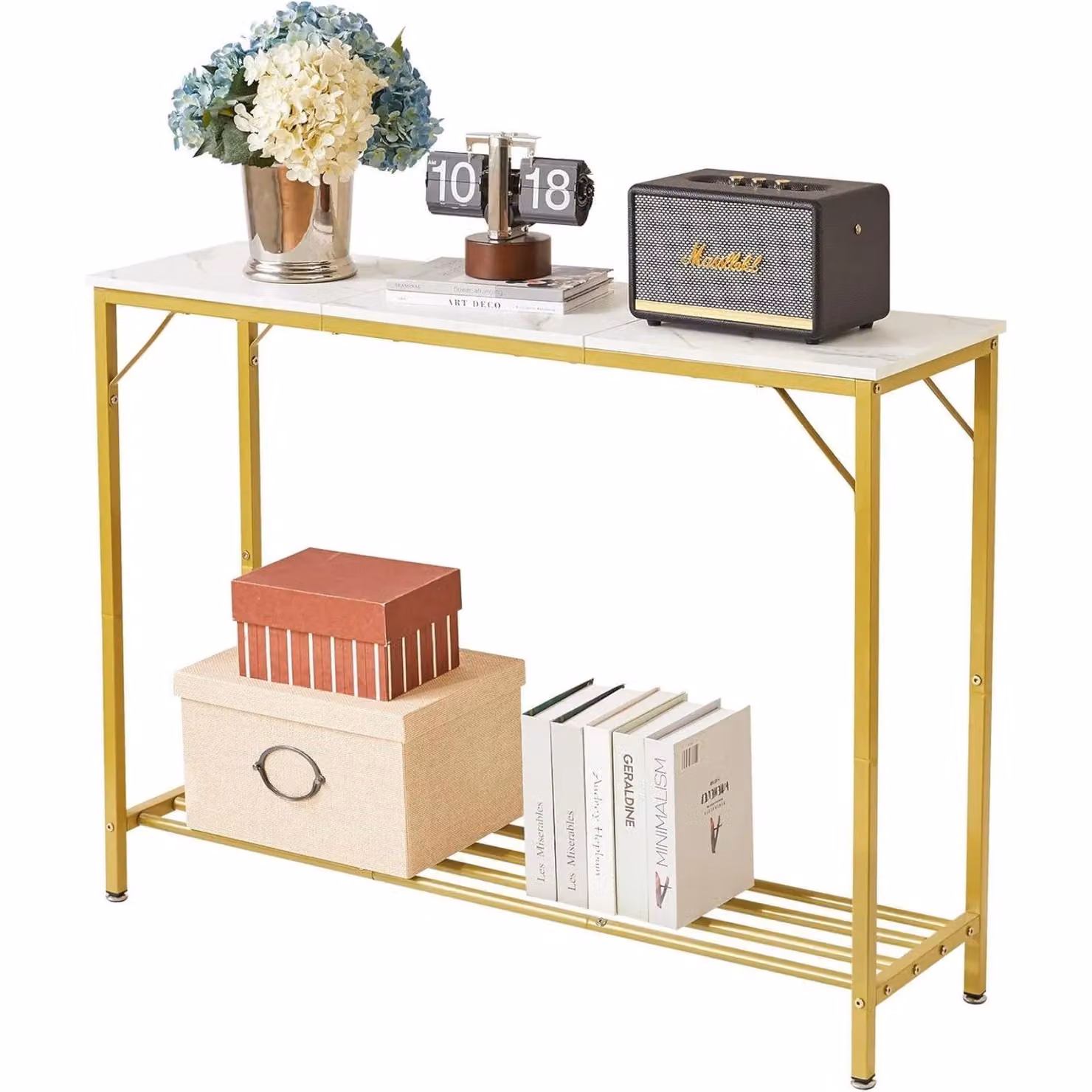 FURNOS 2-Tier Gold and Black Metal Console Table with Rustic Brown Composite Top – 2