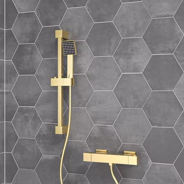 Nes Home Square Thermostatic Mixer with Slider Rail and Handset in Brushed Brass Gold – 1