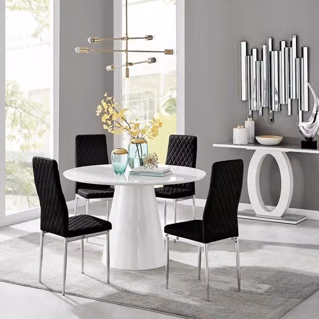 FurnitureboxUK Palma White High Gloss Round Dining Table and 4 Black Velvet Milan Chairs