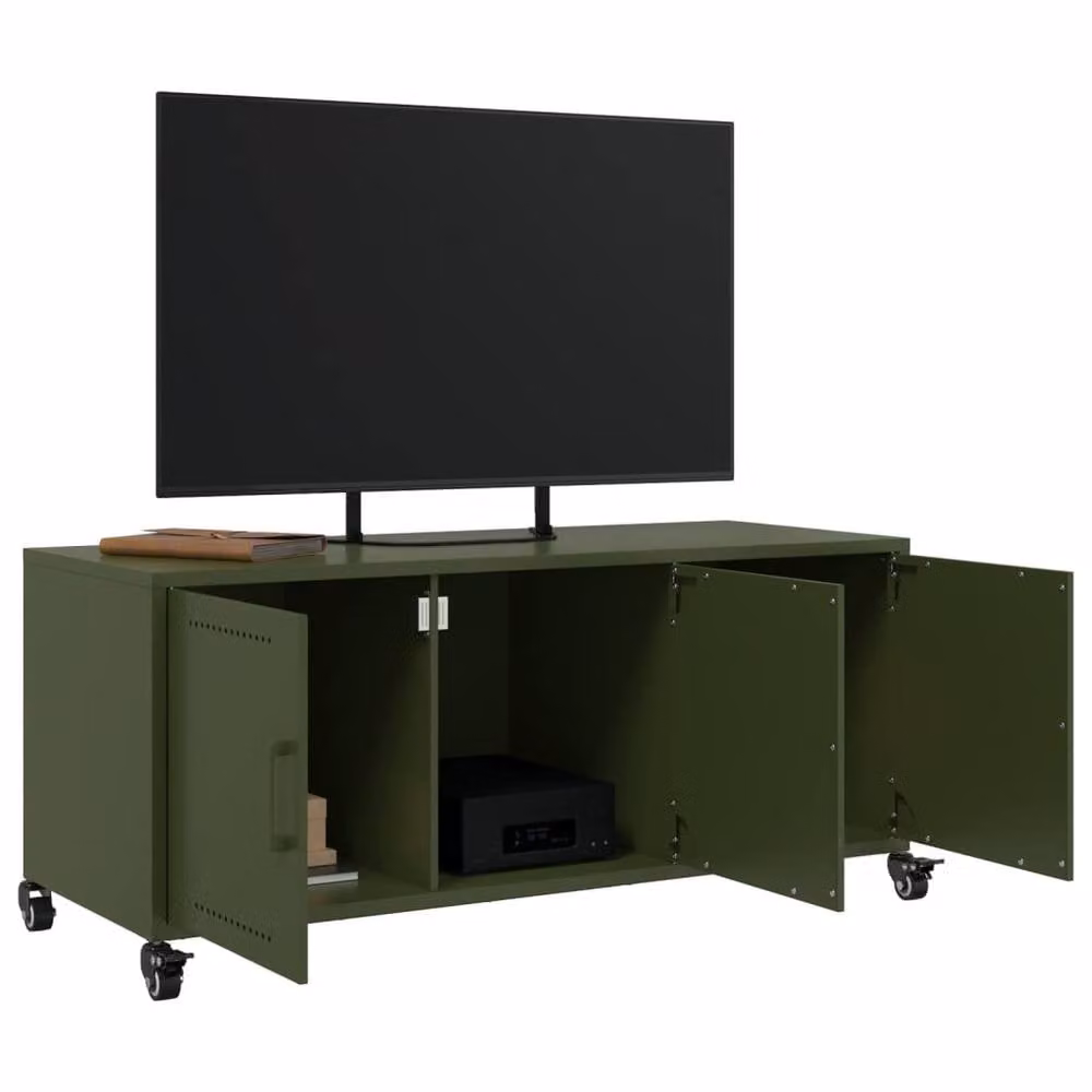 Berkfield Home Modern Metal TV Cabinet in Olive Green, W: 100.5 cm, D: 39 cm, H: 43.5 cm – 3