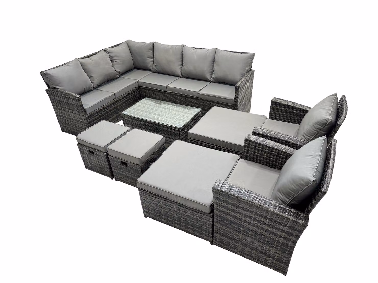 Fimous 12 Seat Poly Rattan L-Shape Corner Sofa Set in Dark Grey with 4 Stools, 2 Chairs, and Matching Ottoman – 2