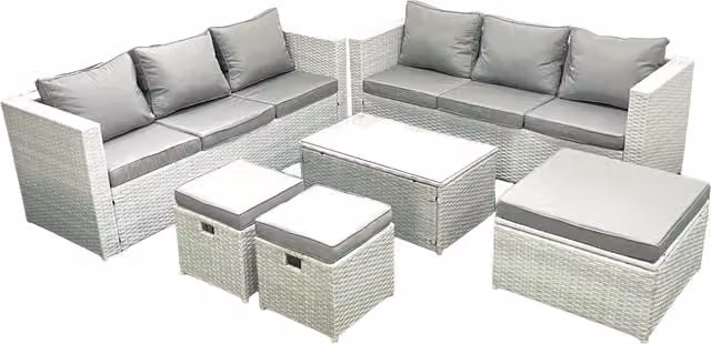 Fimous Garden 9 Seater L-Shape PE Rattan Garden Furniture Set in Light Grey with Upholstered Cushions, Coffee Table and Ottomans