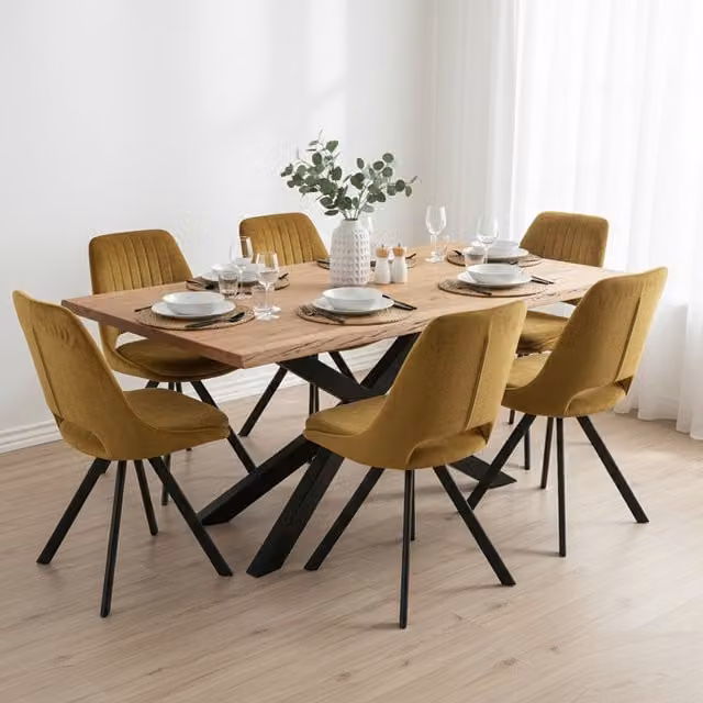 IH Design Modern Rectangular Acacia Wood Dining Table with Live Edge Top and Black X-Frame Metal Legs, Brown
