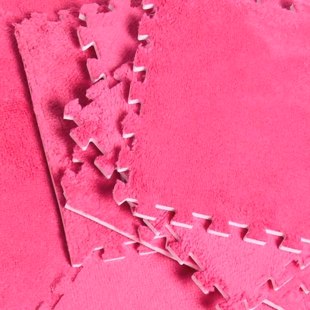 OHS 9 Piece Interlocking Faux Fur Teddy Tiles for Childrens Rooms in Hot Pink