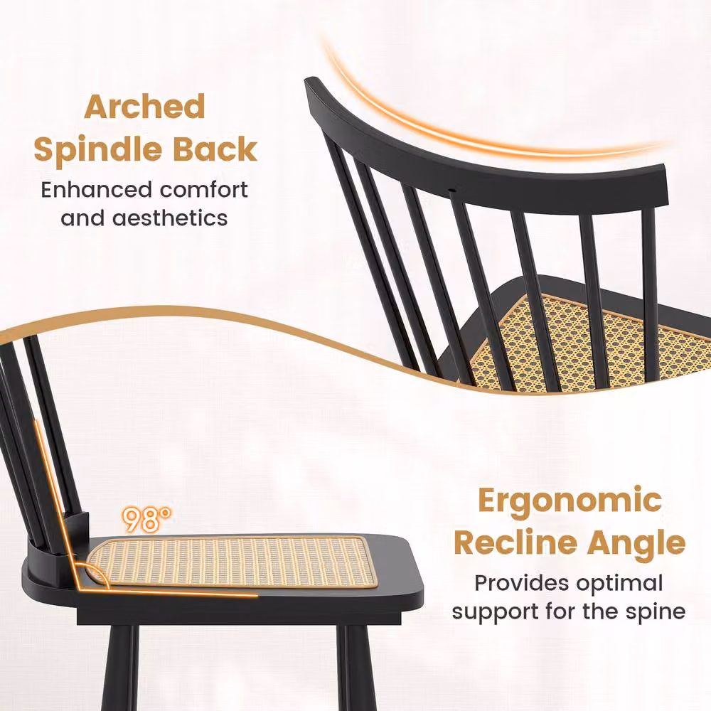 Costway Set of 2 Windsor Dining Chairs in Black with Spindle Back and PE Rattan Seat – 3
