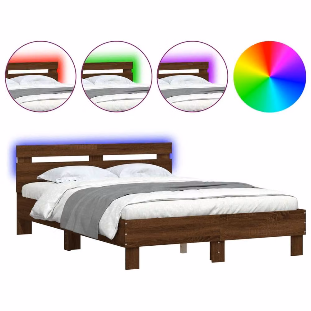 Berkfield Home Modern Oak Bed Frame with Under-Bed LED Lighting, Brown, W/D/H: 140 x 190 x 70 cm – 3