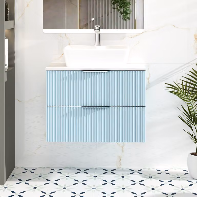Royal Bathrooms Evora 700mm Powder Blue Fluted Wall Hung Vanity Unit with 2 Drawers and Countertop Basin