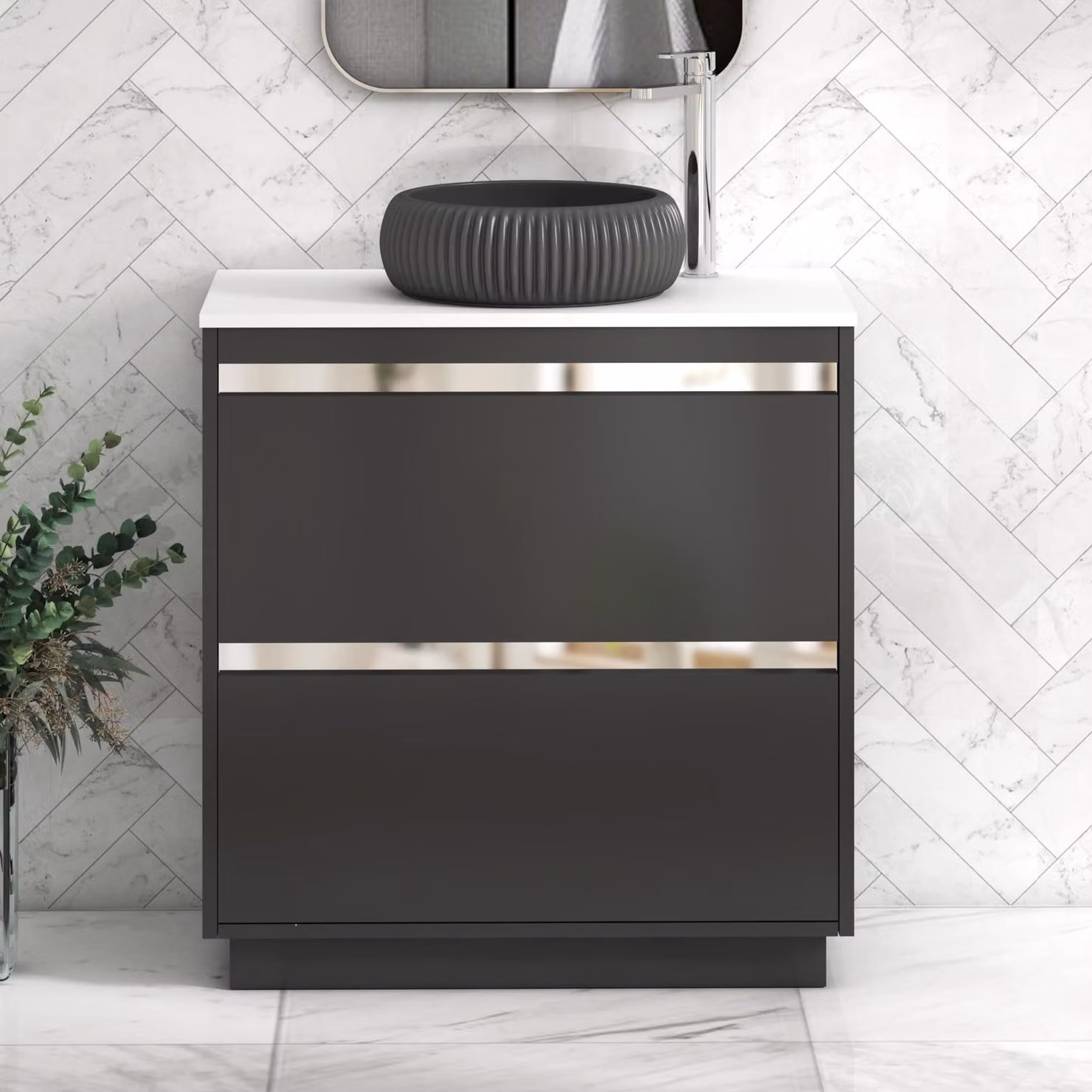 Royal Bathrooms Orion 800mm Matt Obsidian Black Floor Standing 2 Drawer Vanity Unit with Plain White Countertop, Milan Black Basin and Chrome Accent Trim