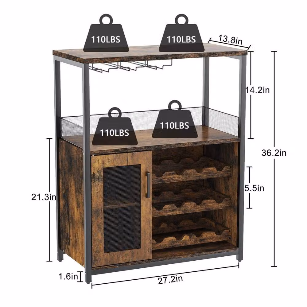 VOGREX Tall Brown Wine Bar Cabinet with Glass Doors and Adjustable Shelves – 2