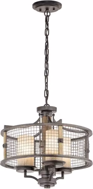 Loops 3 Bulb Industrial Bronze Metal and Mica Glass Hanging Pendant Chandelier with E27 LED Compatibility