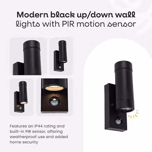 MiniSun Modern Black Up/Down LED Outdoor Wall Light with PIR Motion Sensor, GU10, IP44, Mains Wired – 2