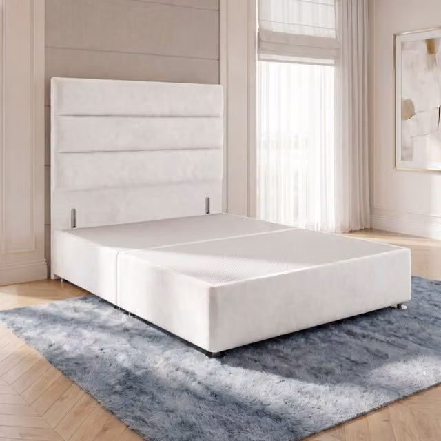 Horizona Super King Velvet Divan Bed Base with Drawers and Floor Standing Headboard, White, W/D/H: 200 x 180 x 34.5 cm