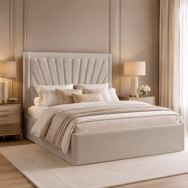 Desire Deco Ariana Upholstered Plush Velvet Bed Frame in Beige, W/D/H: 180 x 200 cm – 1