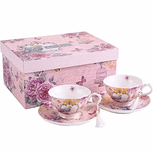 London Boutique Pink Floral Porcelain Tea Cup and Saucer Set for 2, 220ml