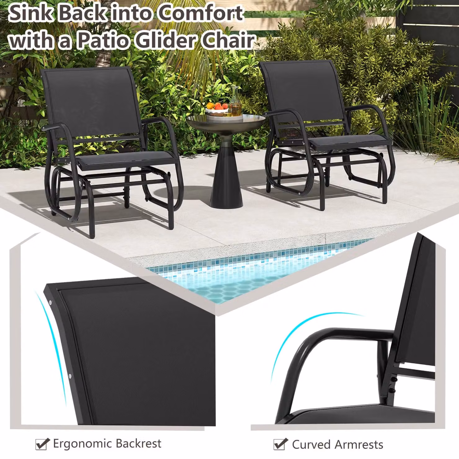 Gymax Black Metal Outdoor Swing Glider Rocking Chair – 6