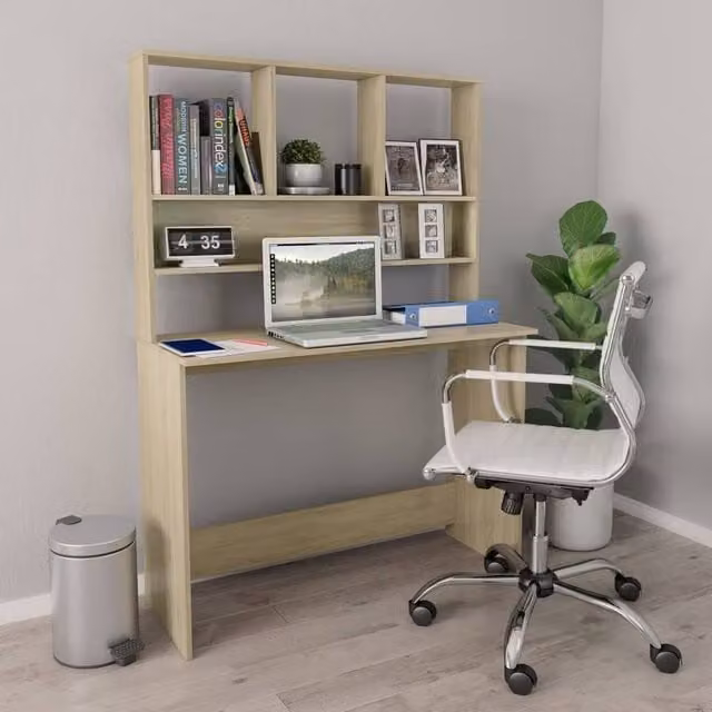 Berkfield Home Modern Writing Desk with Shelf in Sonoma Oak and Brown, W/D/H: 110 x 45 x 157 cm – 1