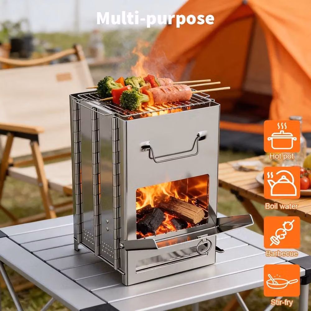 NESTLUNE Portable Foldable Wood Burning Stove and Outdoor Grill in Silver Stainless Steel, W: 100 cm, D: 41 cm – 2