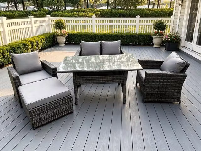 Fimous 5 Seater Dark Grey High Back Rattan Outdoor Dining Set with Love Seat and Large Footstool