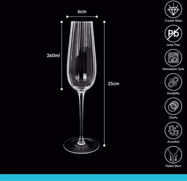 Argon Tableware Kensington Optic Lead-Free Crystal Champagne Flutes, 240ml, Pack of 6, Transparent