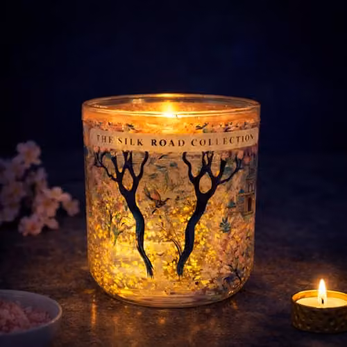 Candlelight The Silk Road Pomegranate and Cassis LED Glow Glass Jar Candle with Gold Star Design and Flicker Effect – 2