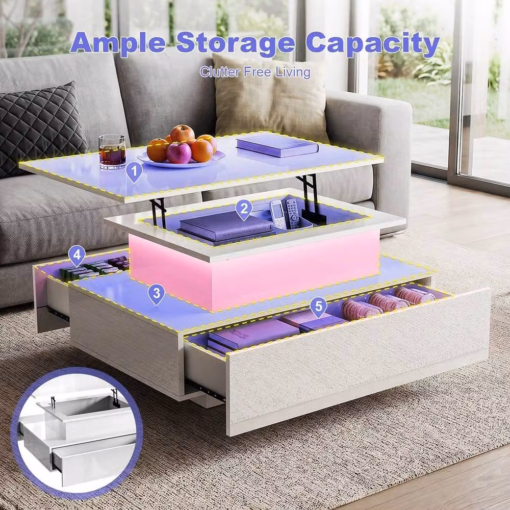 FORGEVIO Glossy White Lift Storage Table with 2 Drawers and Height Adjustable Mechanism – 5