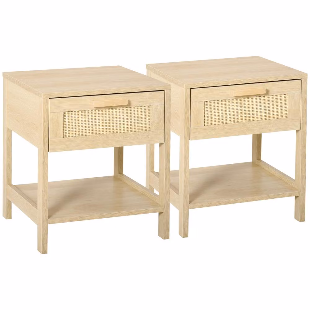 HOMCOM Set of 2 Bedside Tables with Rattan Drawer and Storage Shelf in Beige – 2