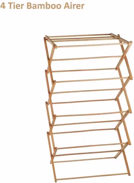PAWNORA 4-Tier Foldable Bamboo Clothes Airer in Natural Brown – 1