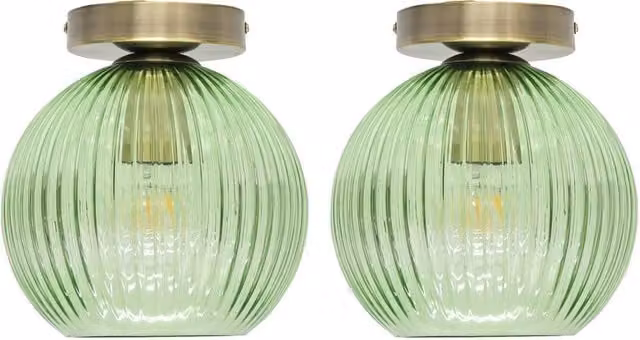 First Choice Lighting Betchley Set of 2 Green Ribbed Glass and Antique Brass Ceiling Lights – 1