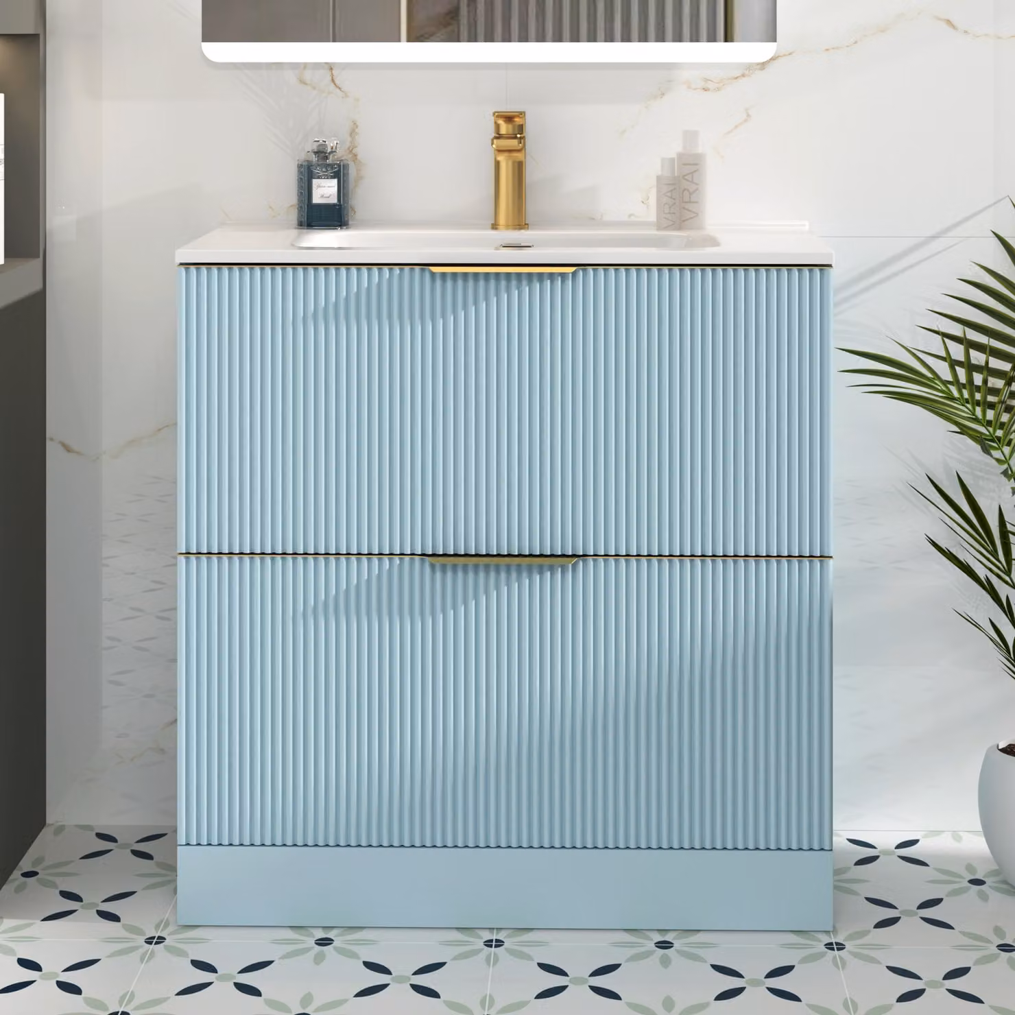 Royal Bathrooms Evora 800mm Powder Blue Fluted Floor Standing Vanity Unit with 2 Drawers, Ceramic Basin and Brushed Brass Handles
