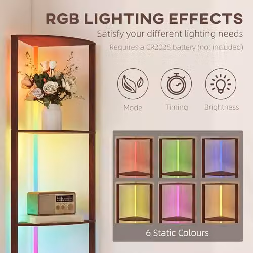 HOMCOM RGB LED Floor Lamp with 4-Tier Shelves in Brown – 3