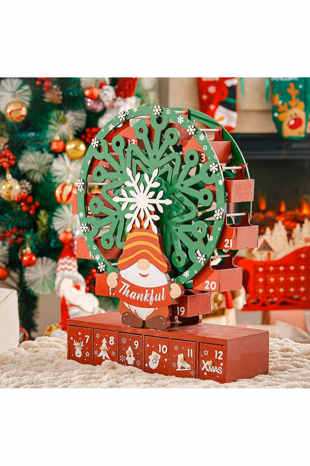 Living and Home Wooden Ferris Wheel Christmas Advent Calendar with Base in Red – 2