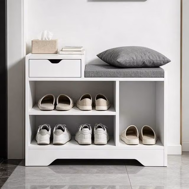 ERGOVEXA White Shoe Storage Bench with Padded Fabric Seat and Drawer